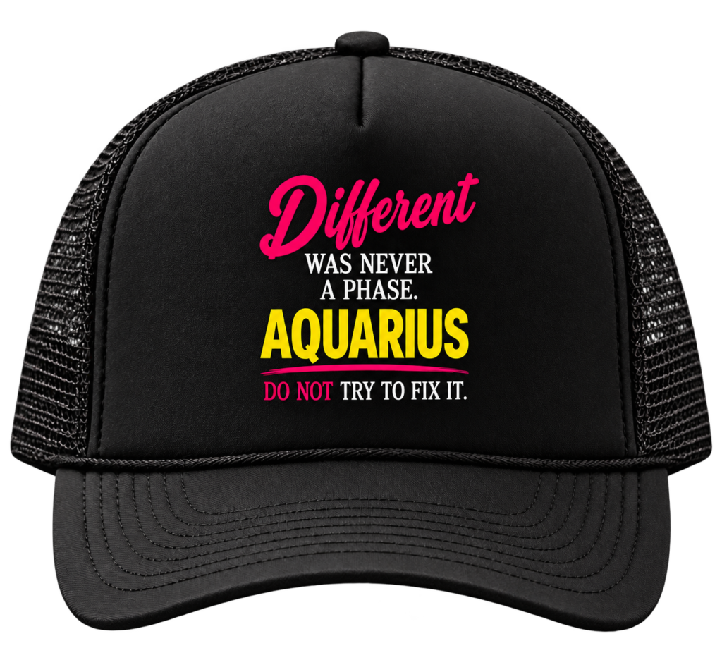 aquarius black trucker hat on transparent background