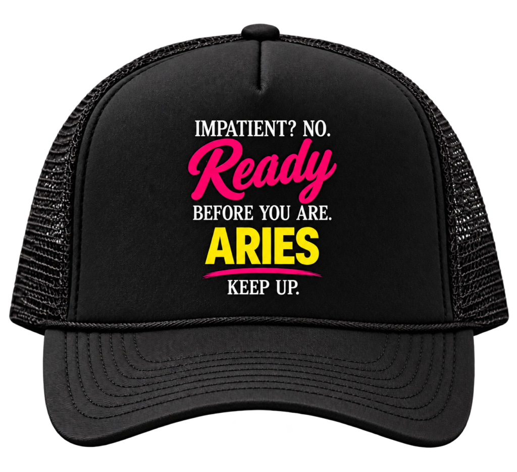 aries black trucker hat on transparent background