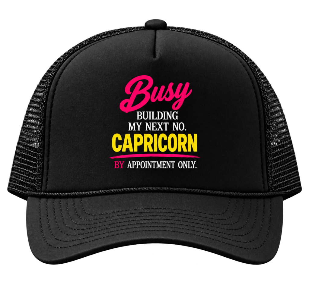 capricorn black trucker hat on transparent background