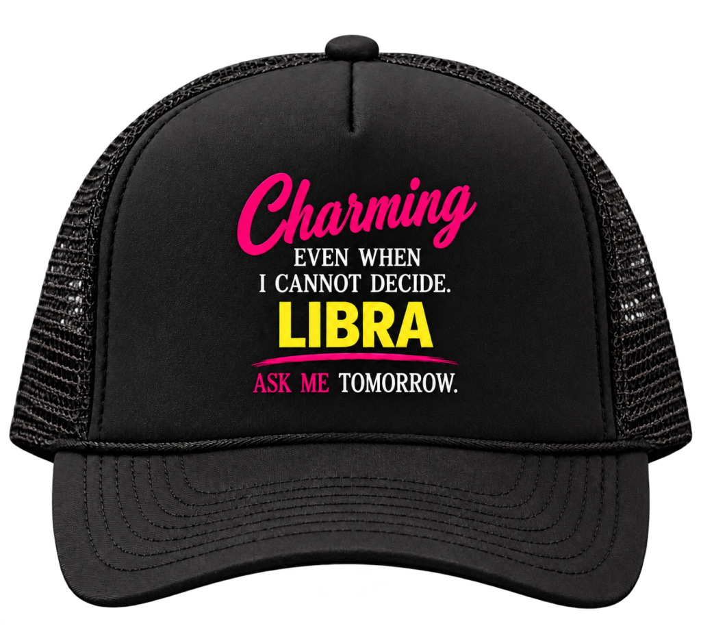 libra black trucker hat on transparent background