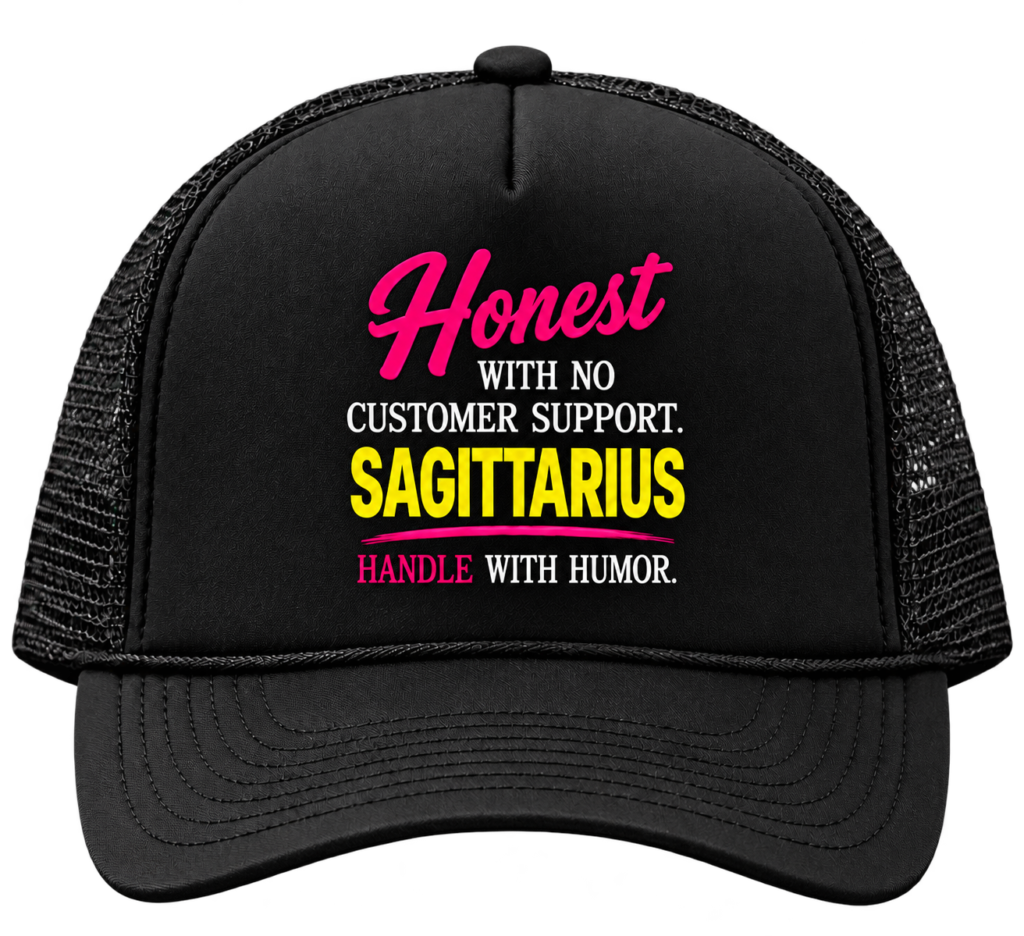 sagittarius black trucker hat on transparent background