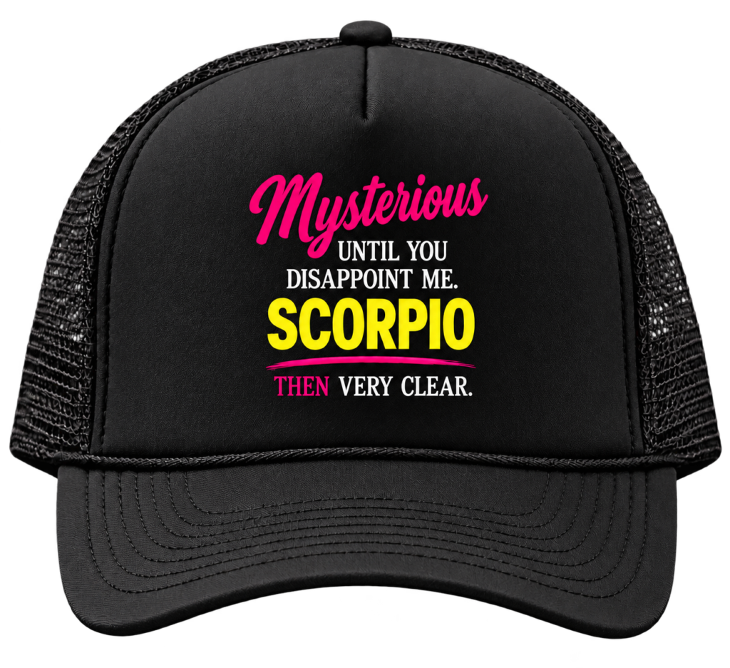 scorpio black trucker hat on transparent background